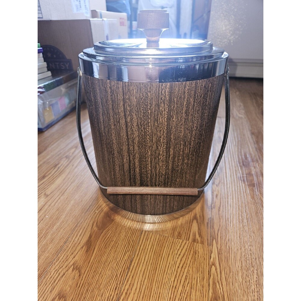 Vintage Kromex Faux Wood Grain Chrome Insulated Ice Bucket 11" Barware MCM USA